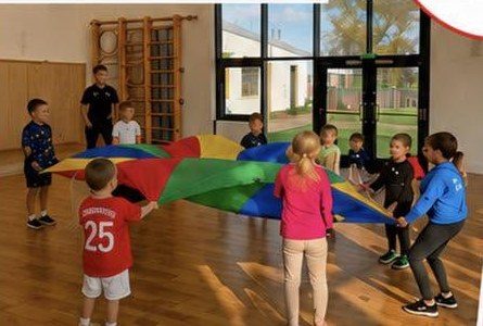 Children playing a parachute game at a SupaFit holiday camp